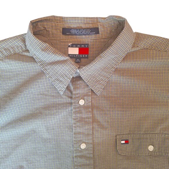 Tommy Hilfiger Button Up Men's Shirt Long Sleeve Olive Green 100% Cotton VTG XL - Picture 1 of 10